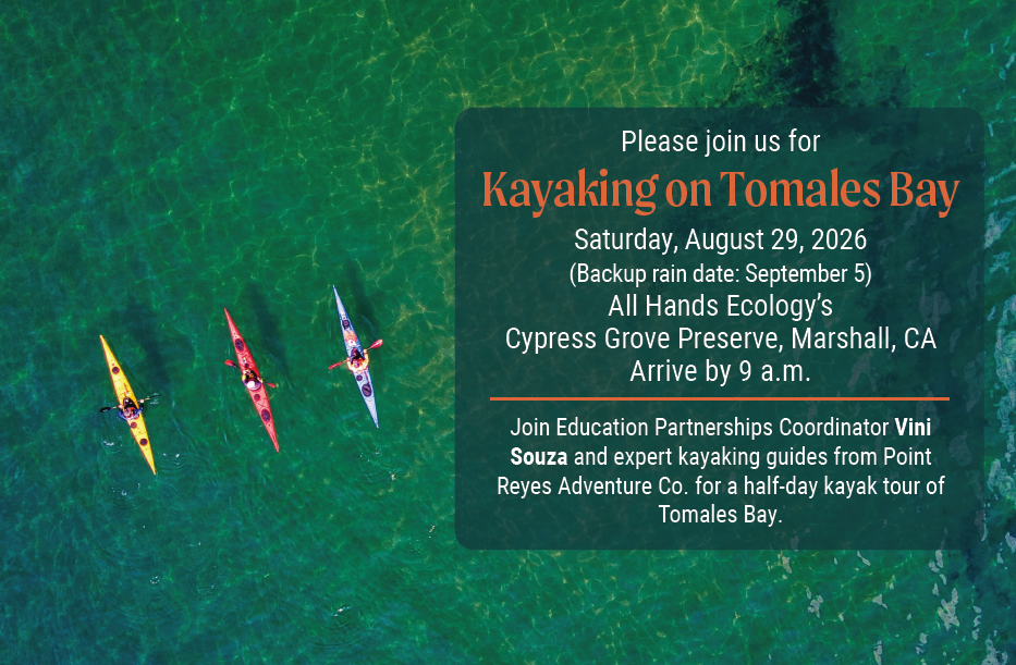 three kayakers are seen from the air. There's a text box on left side of image with an invitation to an event