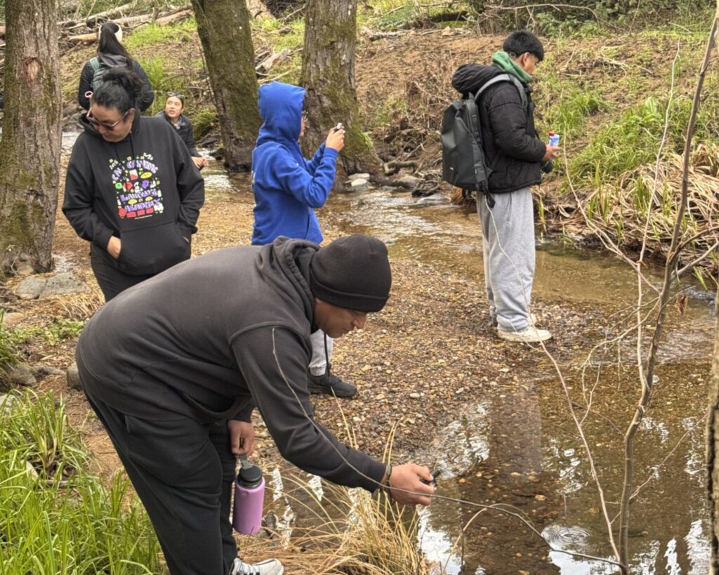 A family stops beside a creek to take photos and look at the waters