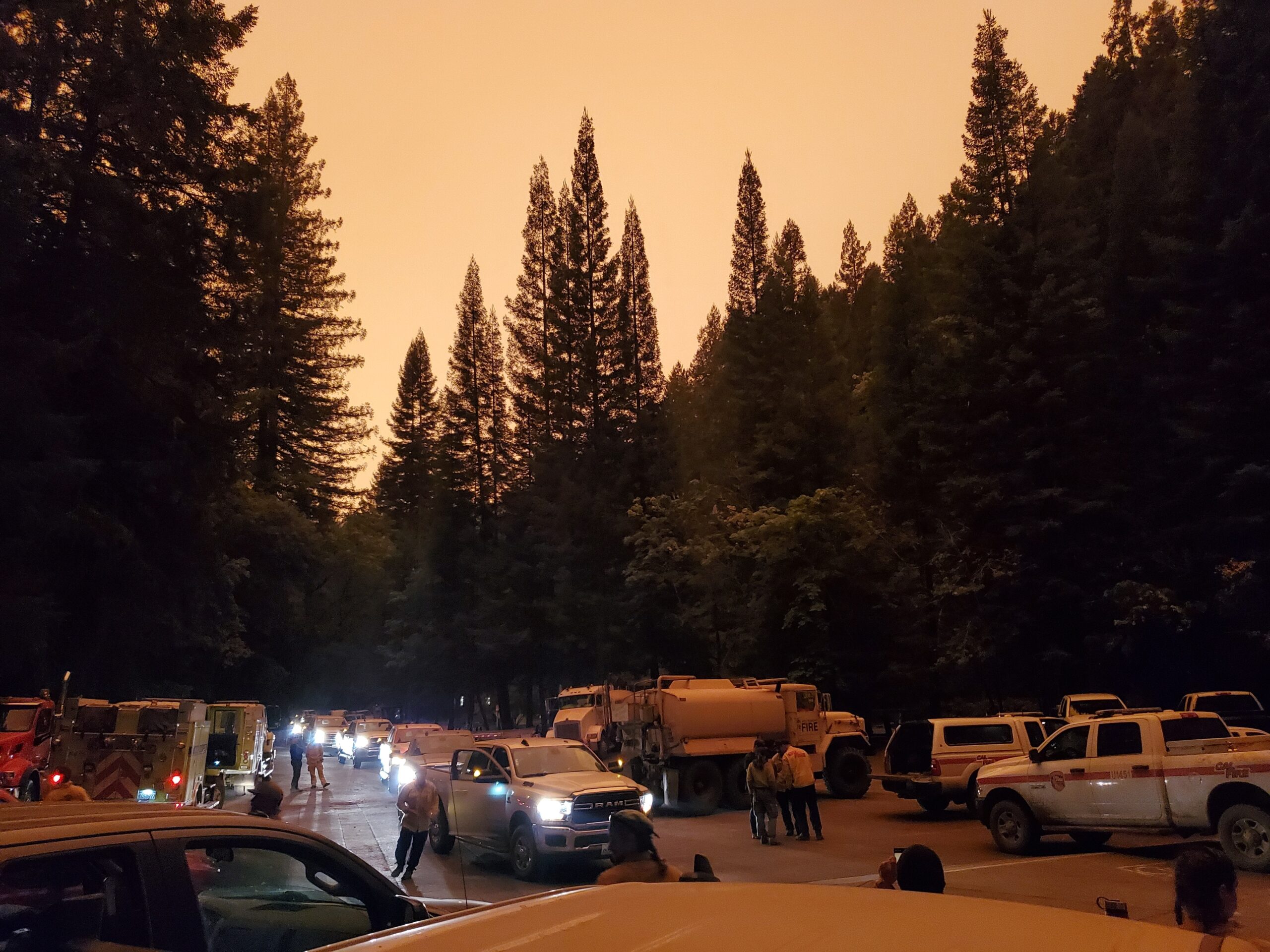 Wildfire vehicles gather in a forest in the twilight with a smoky sky.