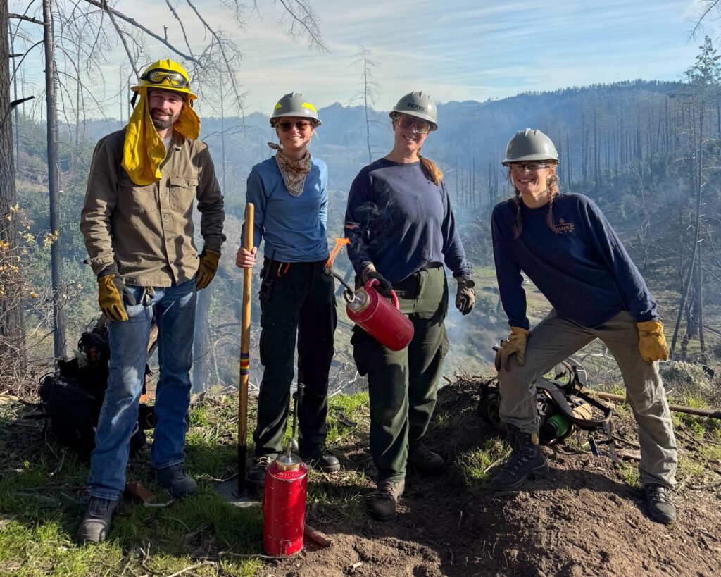 Four workers with hard hats on stand smiling with a forested hillside behind them. 