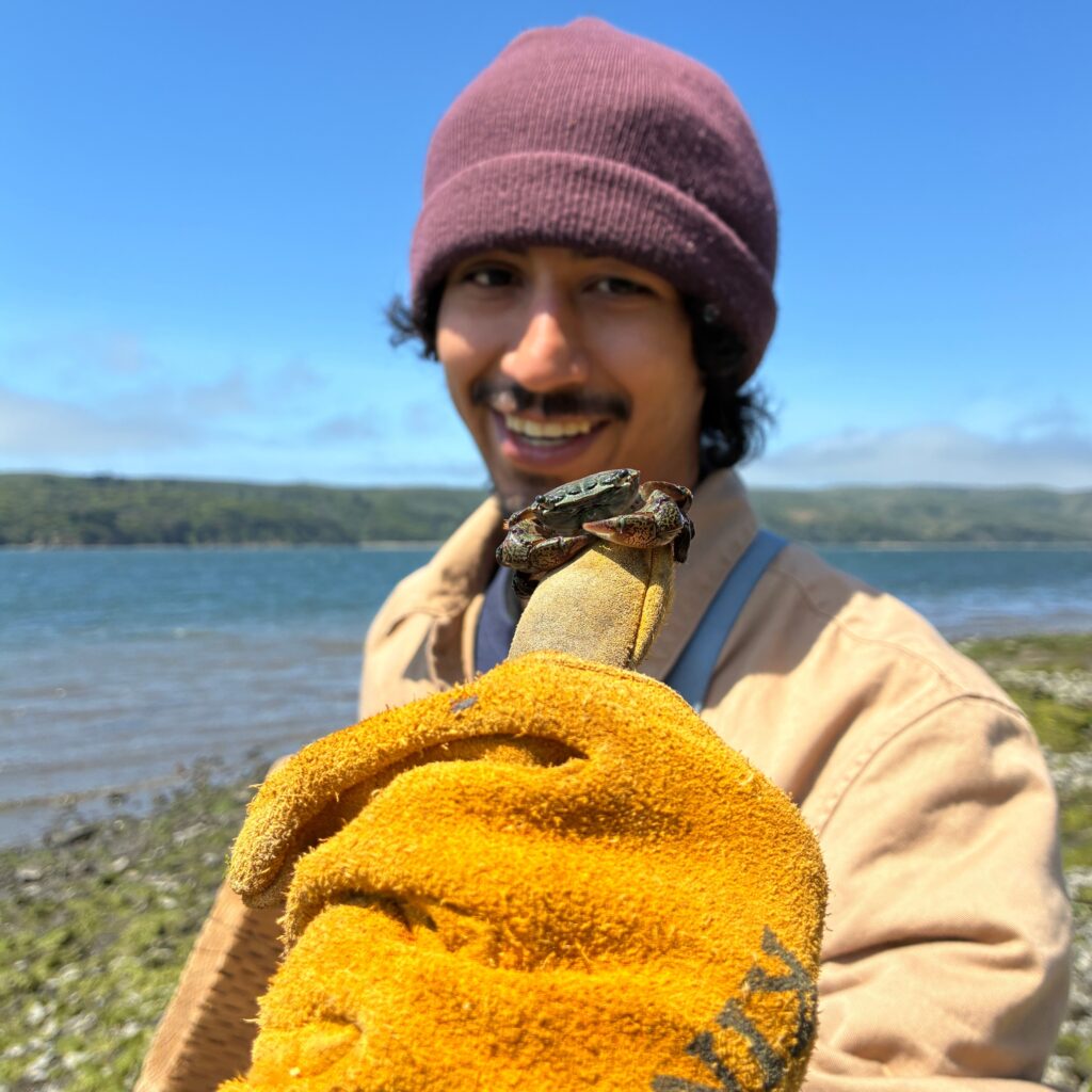 I leather gloved hand with a crab perched on the thumb, in the background a smiling mustached young man with a red beanie cap. 